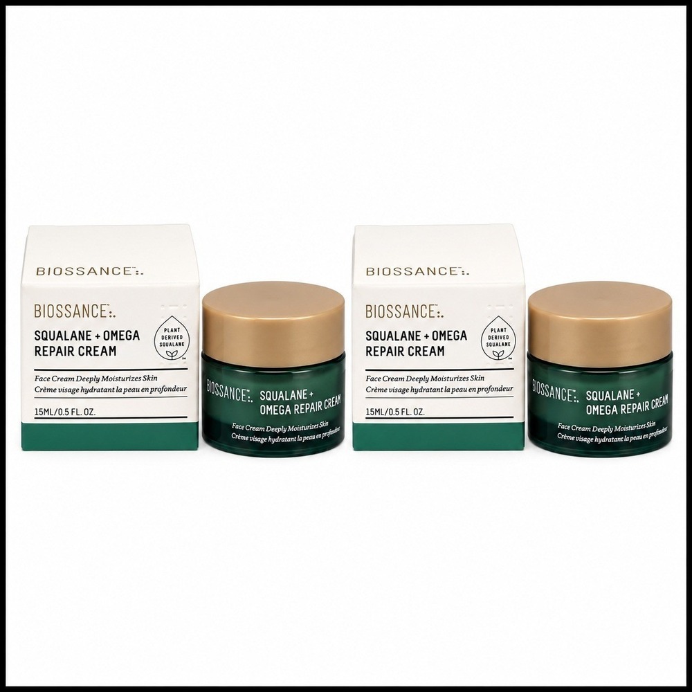 2 x Biossance Squalane + Omega Repair Cream Travel Size 0.5 fl.oz. 15 ml. Travel